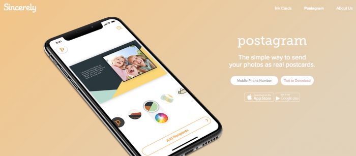 Send Instagram Photos as Real Postcards with Sincerely, Website Screenshot from: https://sincerely.com/postagram