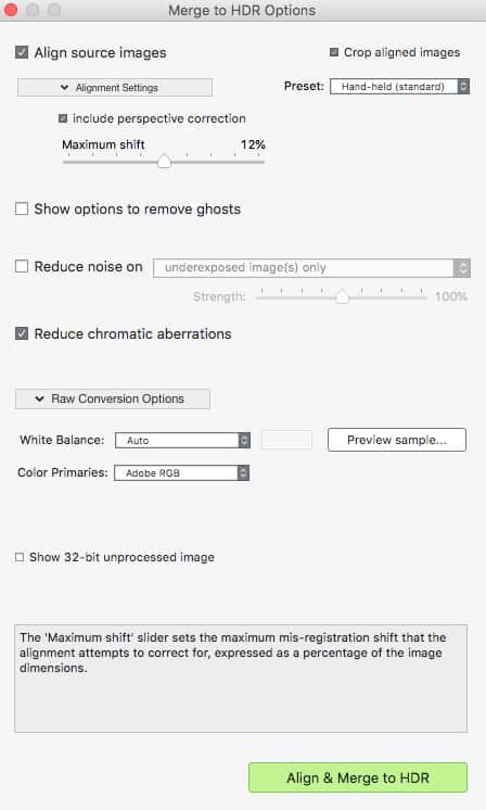 Merge to HDR Options on a Mac