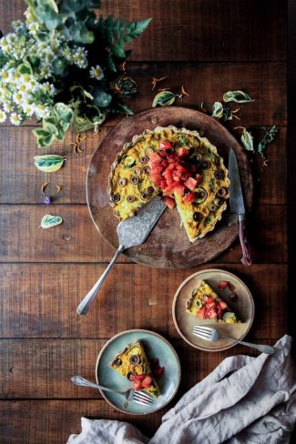 Vegetable tart dishes on a wooden table