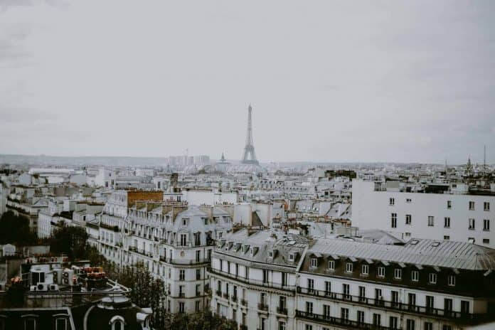 View of Paris from the top of Printemps with Eiffel Tower in distance