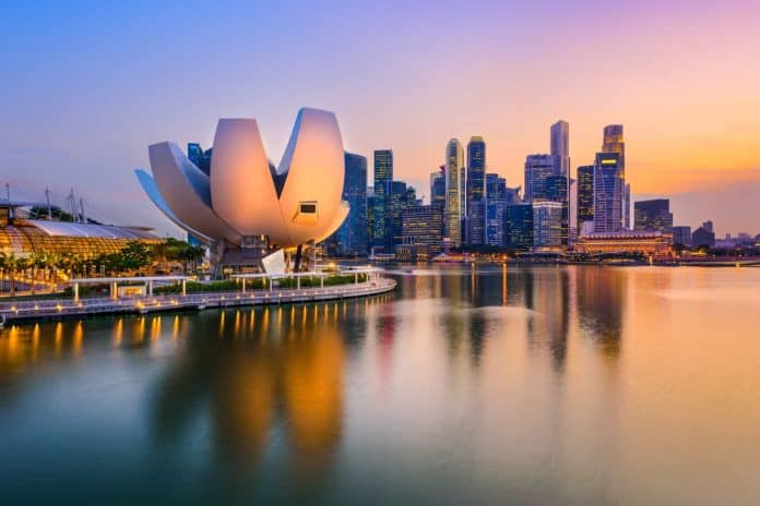 Singapore skyline at the Marina during twilight.