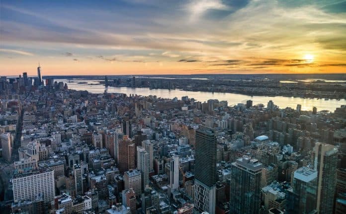 Manhattan skyline from above at the sundown, New York City Manhattan skyline from above at the sundown, New York City