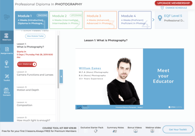 Shaw Academy Course Dashboard Intro Photography Course