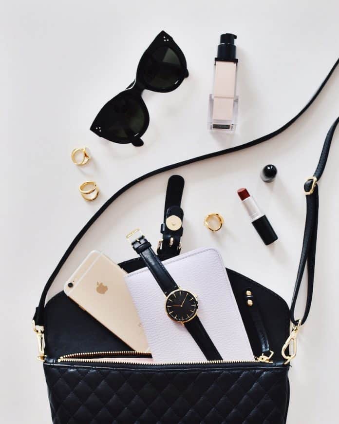 handbag flat lay