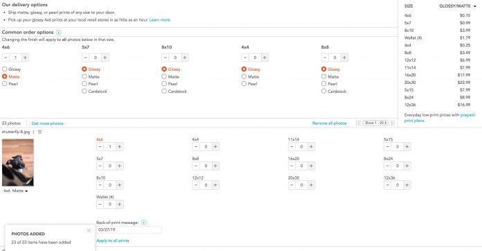 Shutterfly online photo prints interface