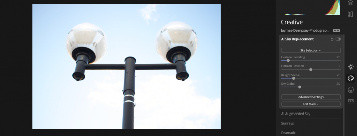 Example of AI Sky Replacement with low contrast edges