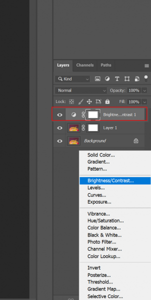 Brightness/Contrast in the PS Layer menu