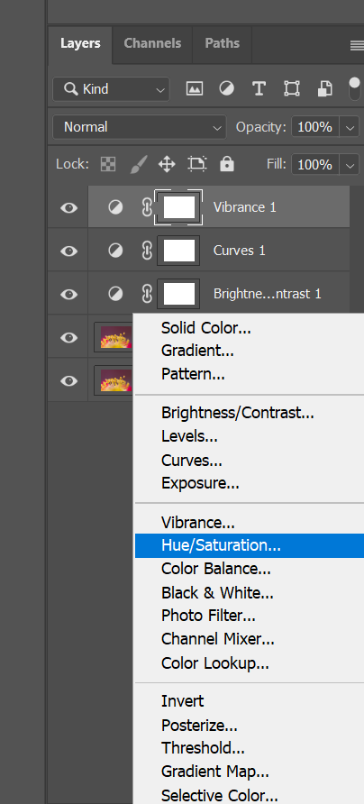 Hue/Saturation Menu in Photoshop