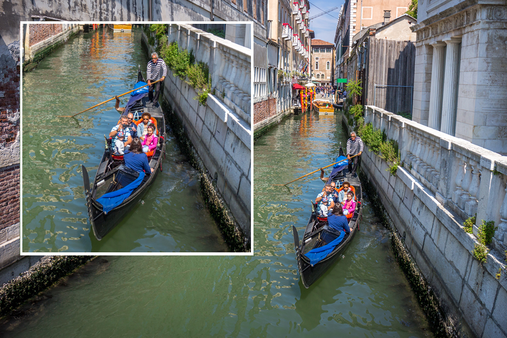 Photo enlarger software in action comparing before and after of a gondola on a canal in Venice. 