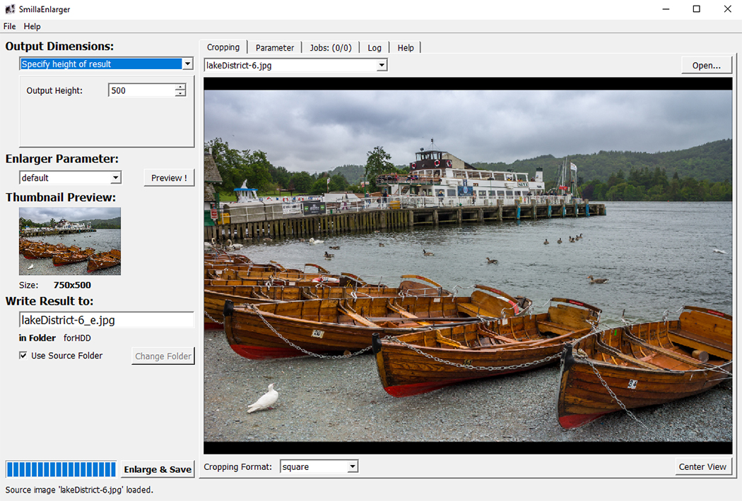 The SmillaEnlarger interface with an image of boats by a lake.