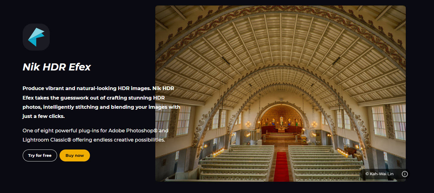 Nik HDR Efex webpage offering free trial or buy now options