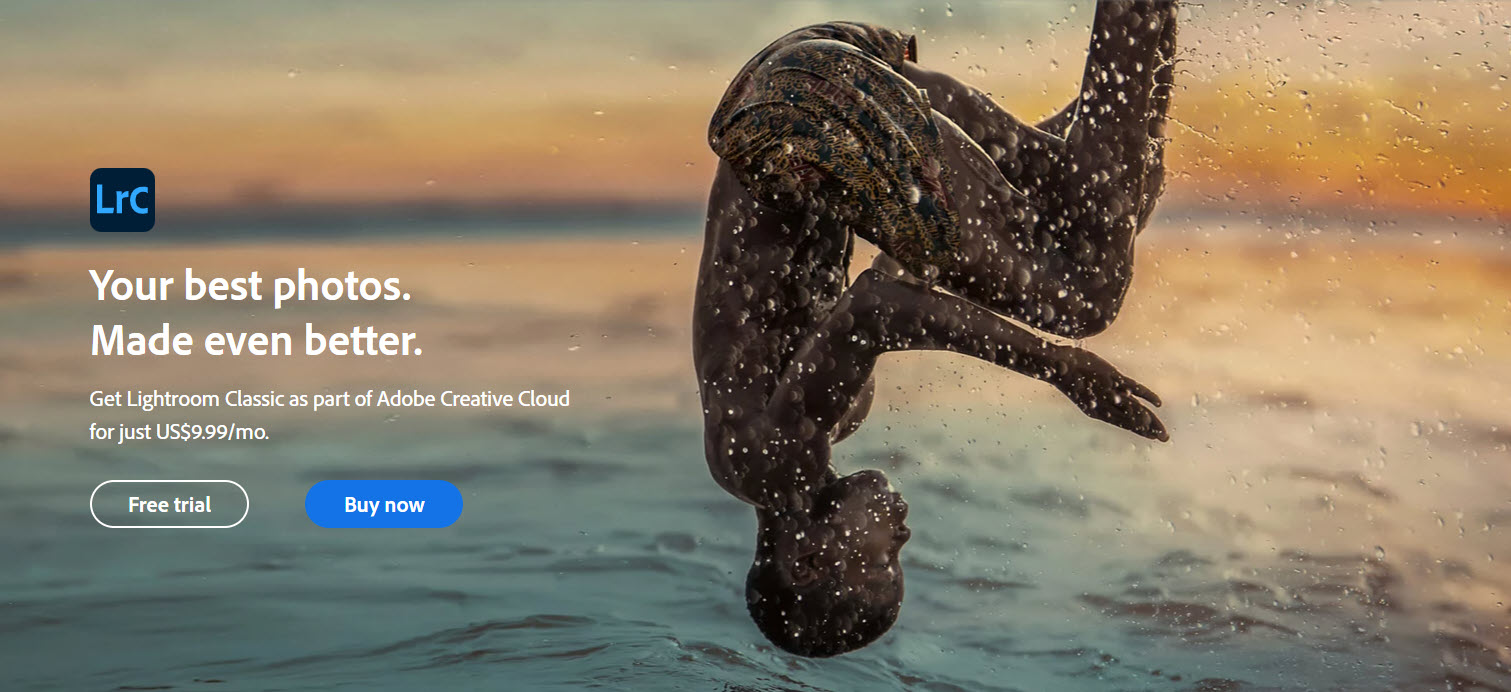 Adobe Lightroom Classic homepage offering free trial or buy now options