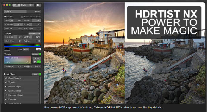 HDRtist NX app with two side-by-side photos of seascape being edited with HDR effects