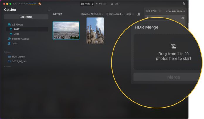 HDR Merge Catalog page in app with drag and drop photo uploading