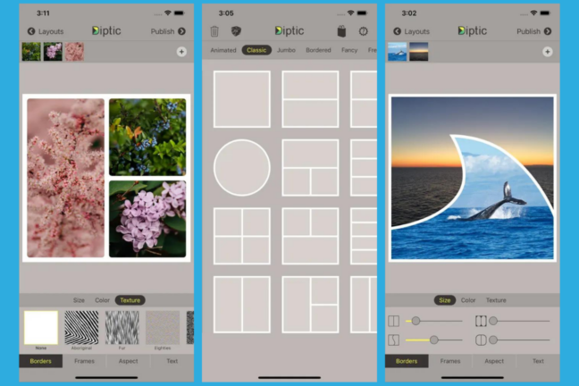 Screenshots of the Diptic photo collage app.