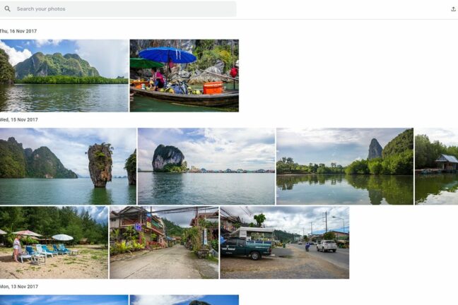 Google Photos image library organized by date, showing pictures of vacation in Thailand