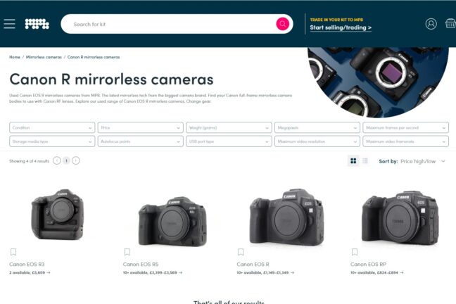 The MPB website showing Canon R mirrorless cameras