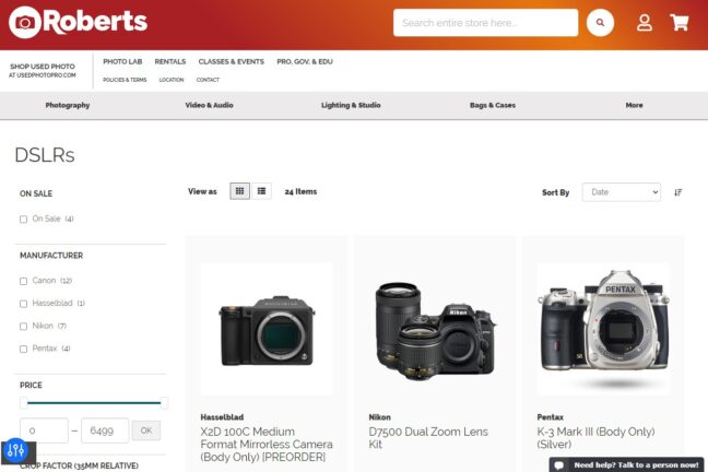 The Roberts Camera website showing new DSLR cameras