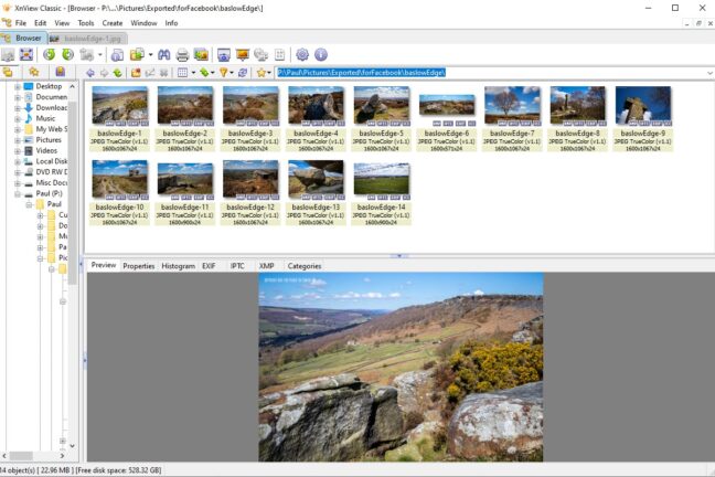Vacation photos of Baslow Edge being organized by file name in XnView Classic