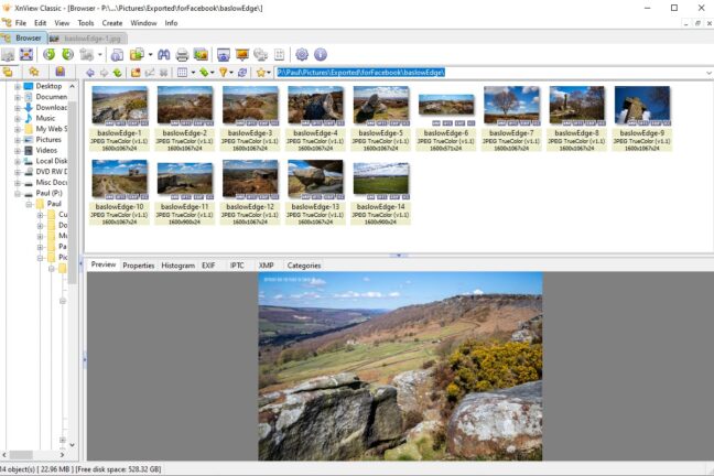 Vacation photos of Baslow Edge being organized by file name in  XnView Classic