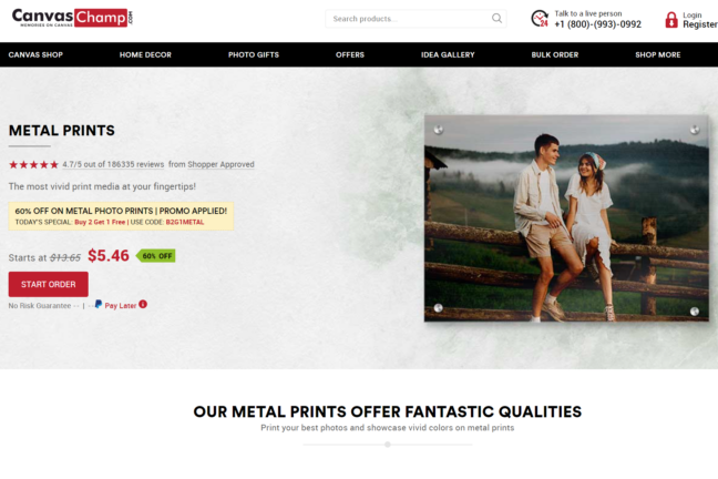 Screenshot of CanvasChamp metal prints pricing page with a sample metal print on the right side