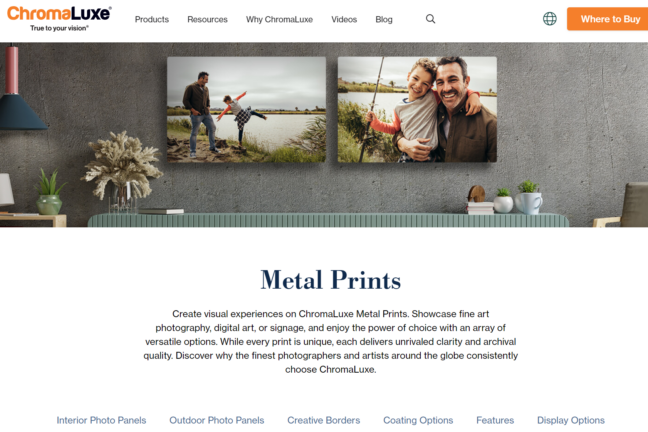 Screenshot of ChromaLuxe metal prints page with different customization options and sample metal prints hanging in a room