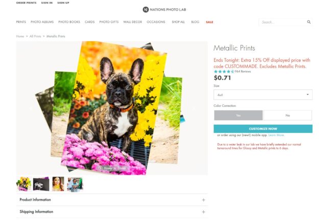 Screenshot of Nations Photo Lab metal print options with a set of example prints on the left and sizes on the right