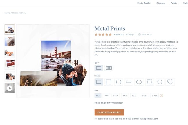 Screenshot of Printique metal print options with print types, shapes, and sizes on the right and sample prints on the left