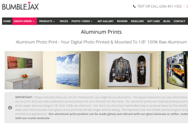 Screenshot of Bumblejax aluminum prints page showing example metal products mounted on walls.