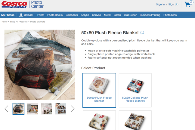 Screenshot of Costco Photo Center page showing a 50x60 plush fleece blanket product.