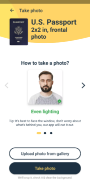 Passport Photo Booth US AiD app page offering photo advice.