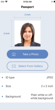 Passport Photo & ID Maker app showing an example passport photo and key specifications.