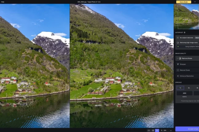 Topaz Photo AI editor showing the main interface with zoomed-in before/after image