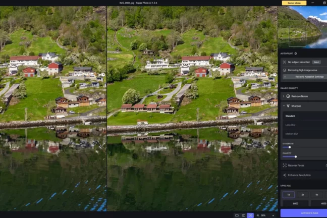 Topaz Photo AI showing a before-and-after photo of a Norwegian fjord improved via the sharpening tool