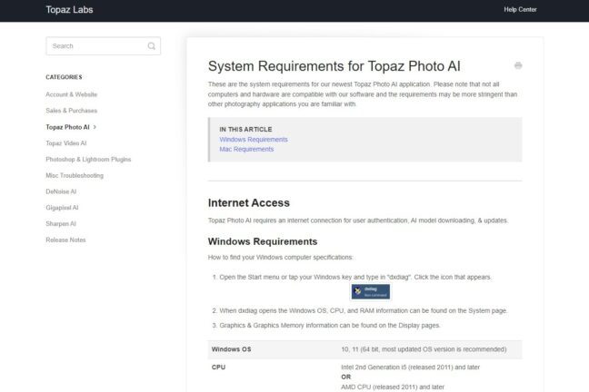 Topaz Labs website showing the Topaz Photo AI system requirements