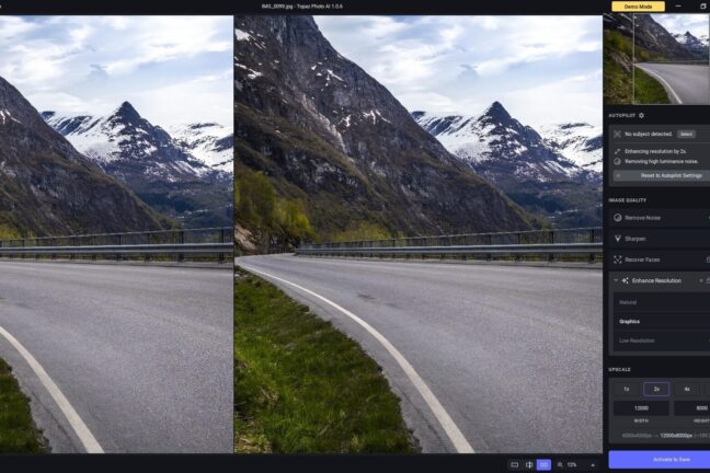 Topaz Photo AI before and after upscaling of a mountain landscape image