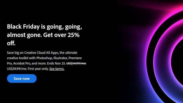 Adobe sales page showing Black Friday deal details on a black background.
