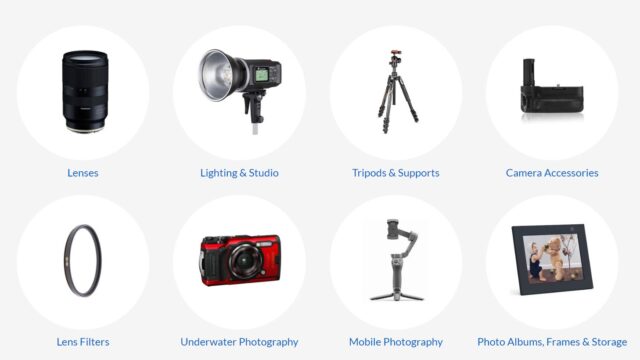 Adorama home page showing various product categories including lenses, camera accessories, and mobile photography.