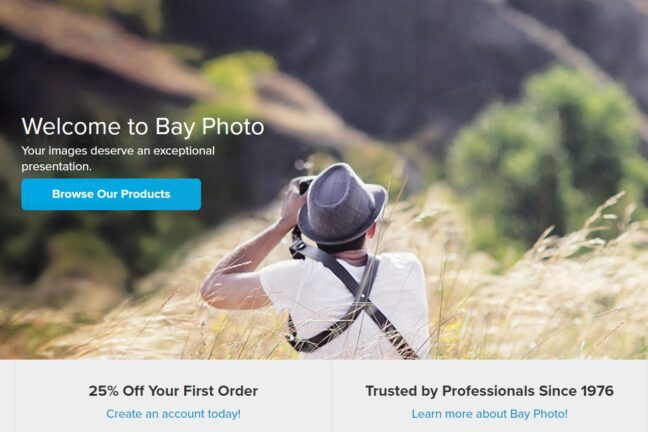 Bay Photo Lab home page showing a photographer shooting in a field.