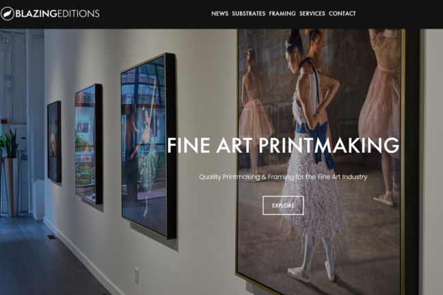 Blazing Editions home page with huge prints of dancers displayed on a white wall.