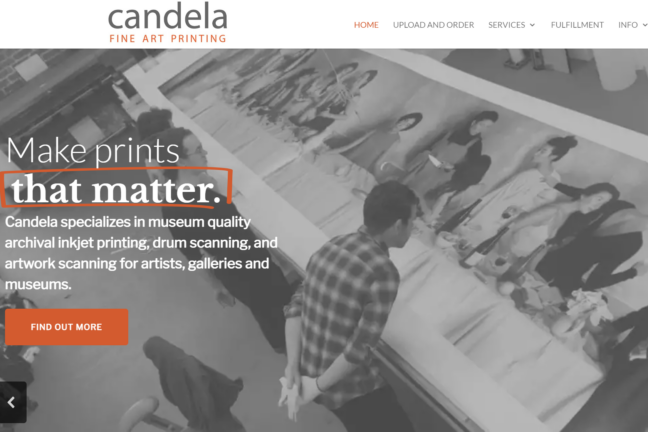 Candela home page displaying a black-and-white image of print technicians looking at a wall-sized print.