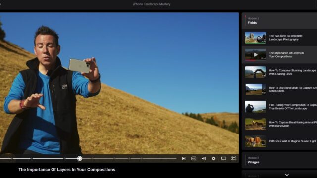 The iPhone Landscape Mastery course with a still showing an instructor demonstrating a technique with an iPhone.