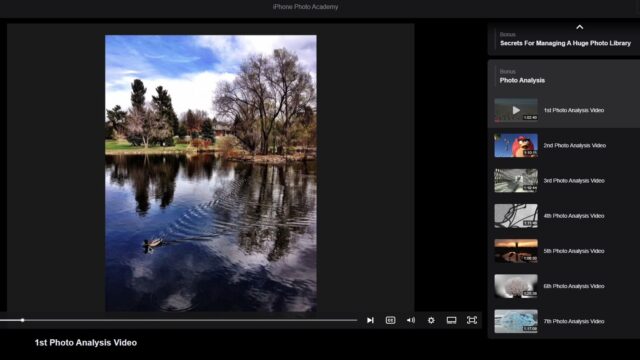 The iPhone Photo Academy course displaying a Photo Analysis video with a duck on a pond.