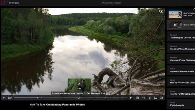 iPhone Photo Academy course with a main view showing a river and skip points shown along the bottom.