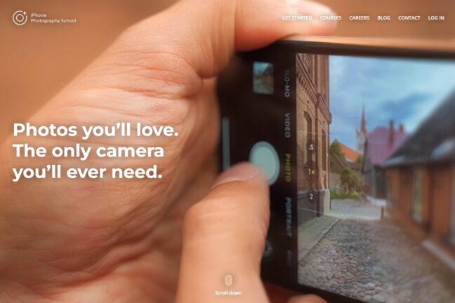 A portion of the iPhone Photography School homepage showing a thumb pressing the iPhone camera shutter button.