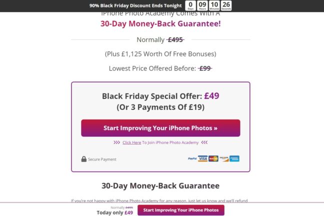 The iPhone Photo Academy pricing page displaying a Black Friday special offer.