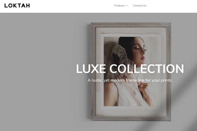 Loktah home page showing "Luxe Collection" over an image of a framed portrait print on a white wall.