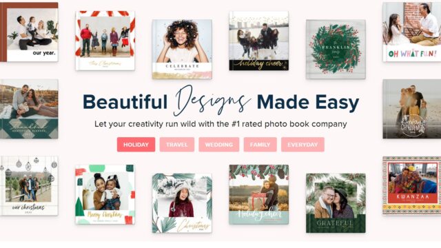 Mixbook website home page with lots of photo book examples surrounding the words "Beautiful Designs Made Easy."