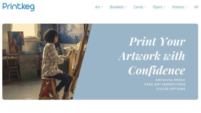 Printkeg website home page showing a person painting at an easel surrounded by completed paintings.