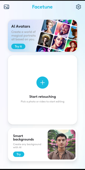 Facetune app main screen with a start retouching button.
